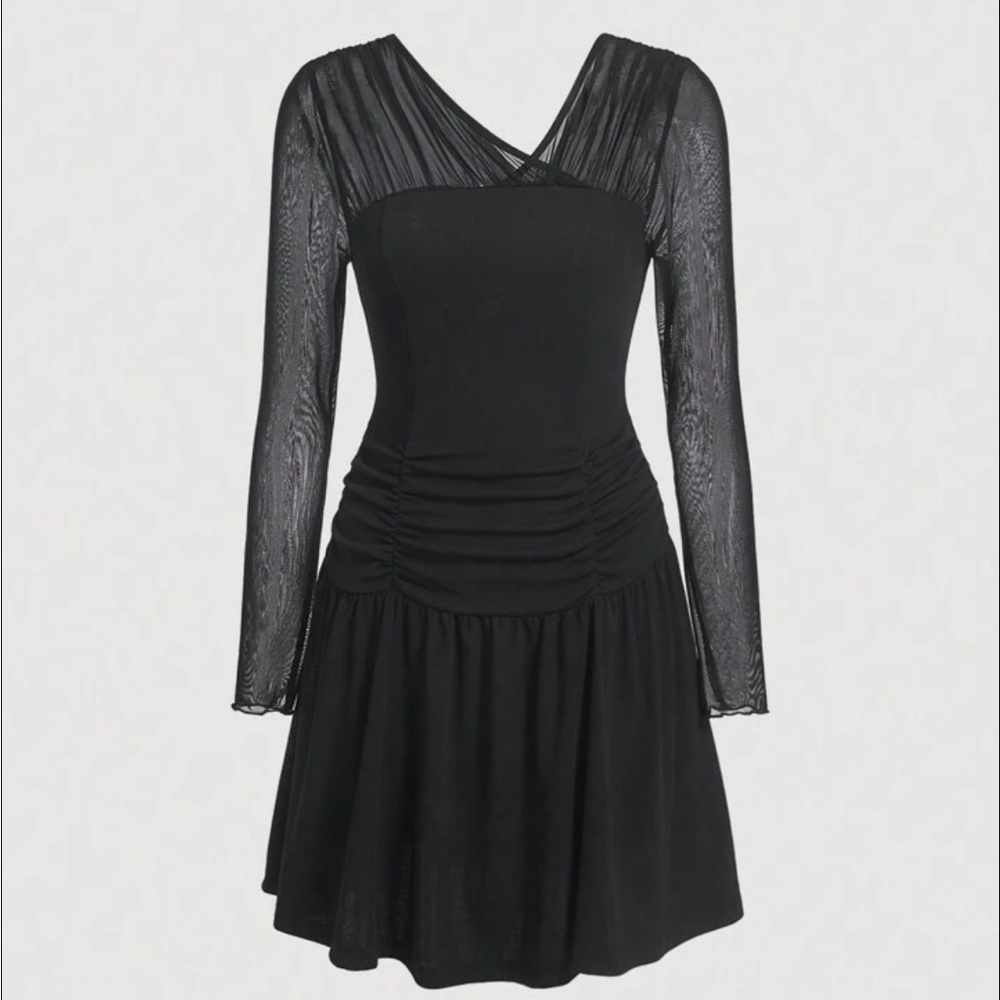 Asymmetrical Neck Ruched Ruffle Hem Mesh Dress